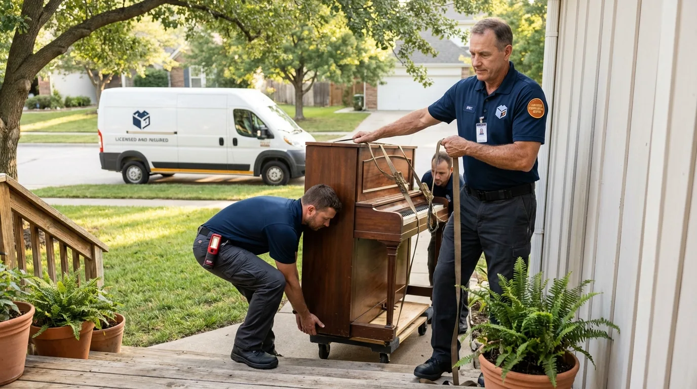 Licensed piano movers securing grand piano in Greenfield, NH