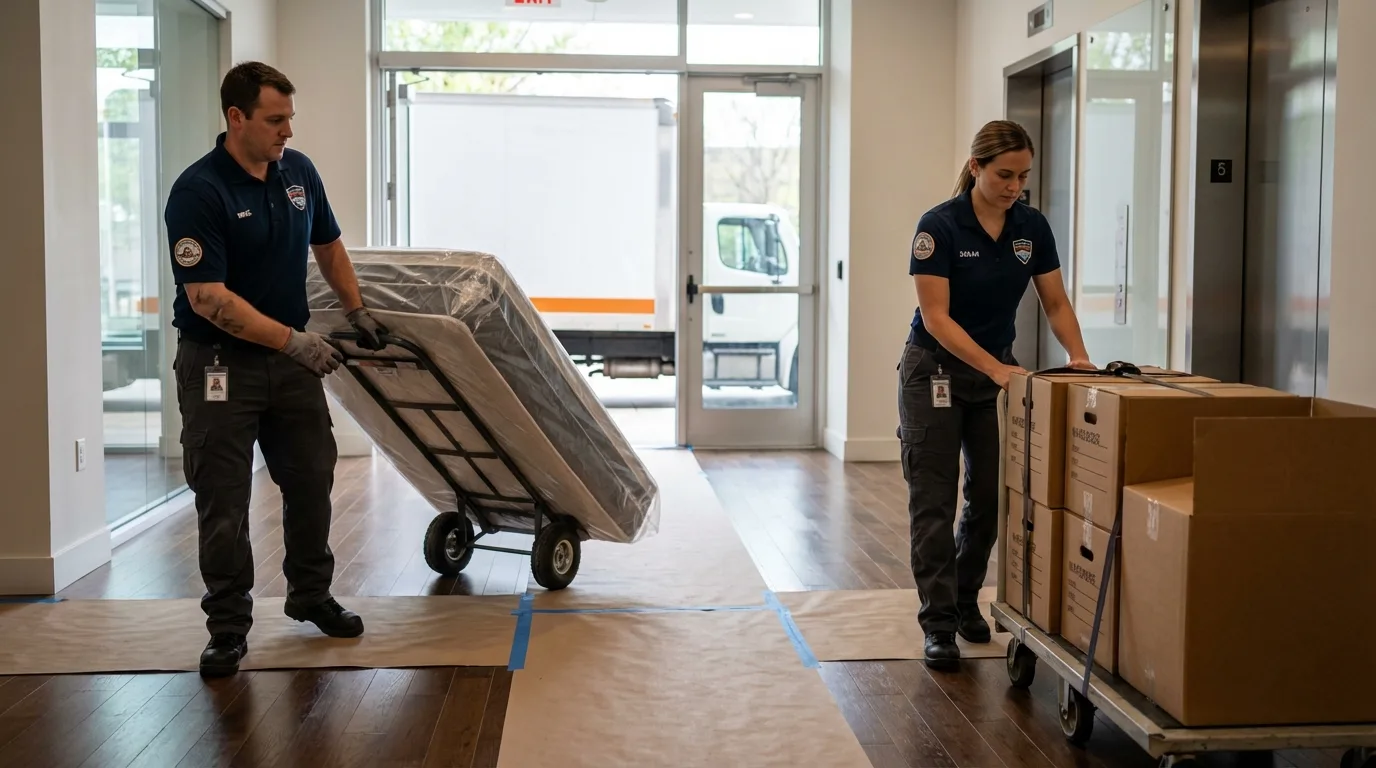 Professional apartment movers loading elevator in Greenfield, NH
