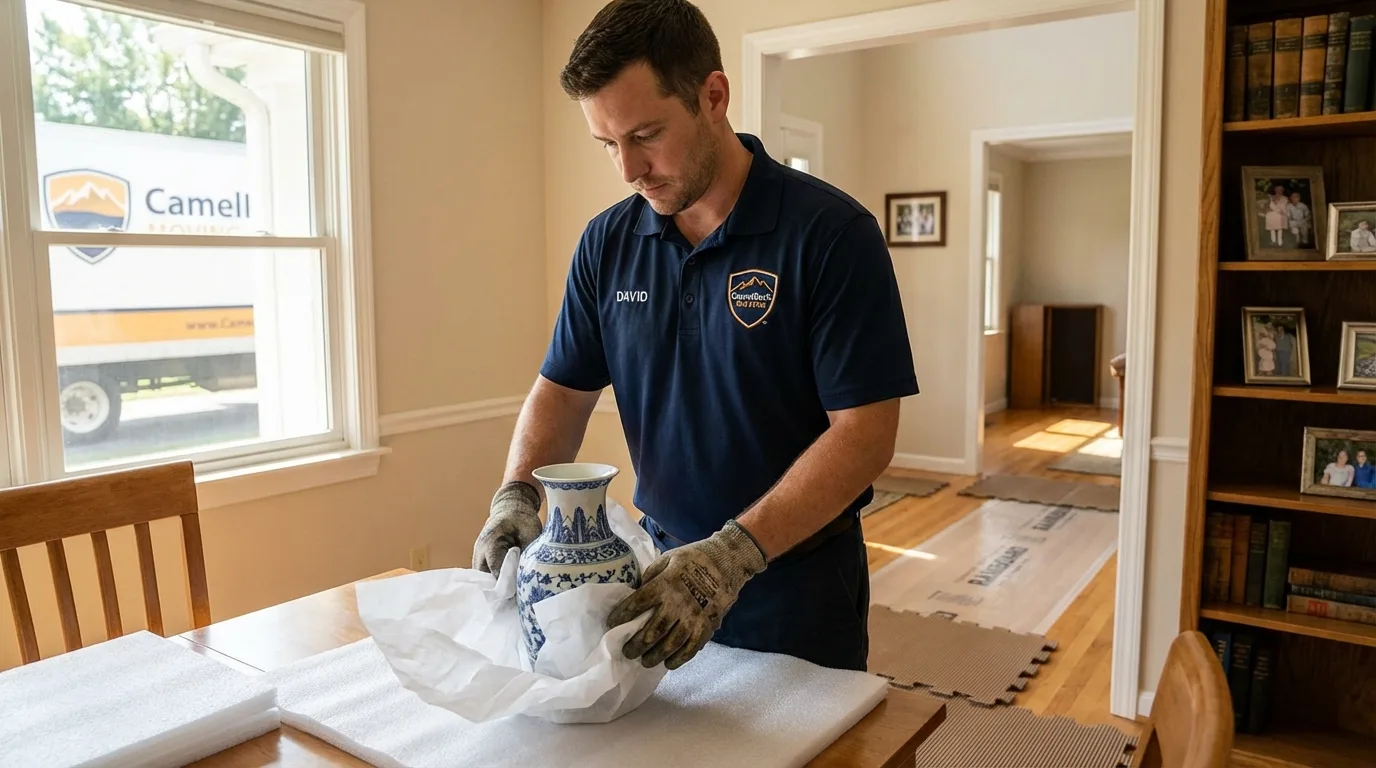 Professional crew carefully wrapping antique vase for senior downsizing move in Greenfield, NH