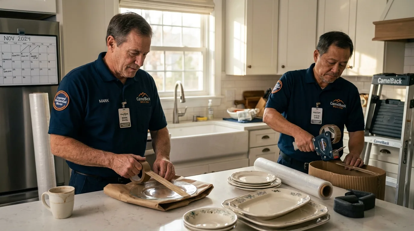 Professional crew packing kitchen dishware in Greenfield, NH